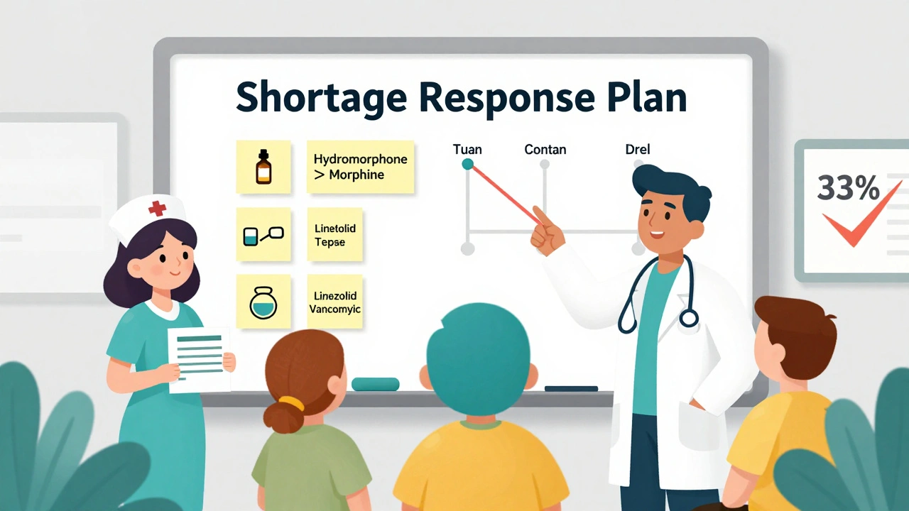 Hospital team using a whiteboard to plan drug alternatives during a shortage.
