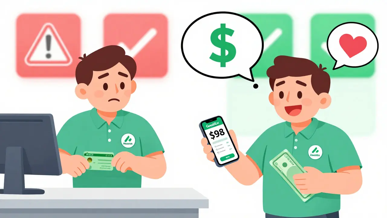 Man choosing GoodRx cash price over Medicare card to buy insulin, with visual contrast of savings.