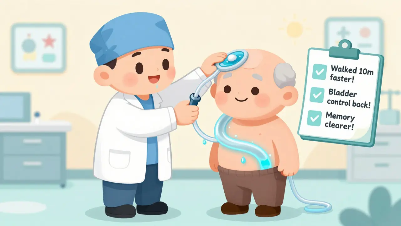 Neurosurgeon placing a gentle shunt tube into an elderly patient’s head, with fluid flowing to the abdomen in a cartoon style.