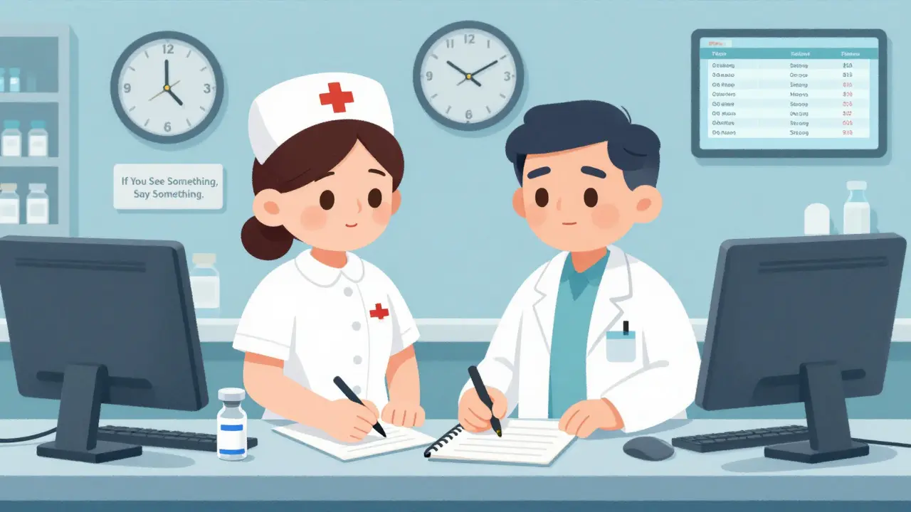 Nurse and pharmacist witness and document the disposal of a controlled substance.