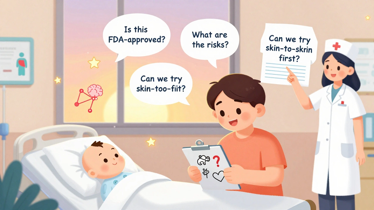 Parent asking questions at NICU bedside with floating speech bubbles about medication safety and non-drug alternatives.