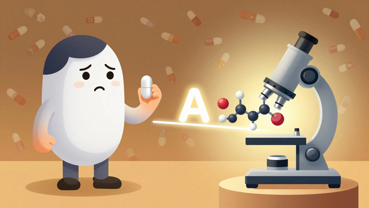 Patient comparing generic and brand pills as molecular structures match under a glowing A rating.