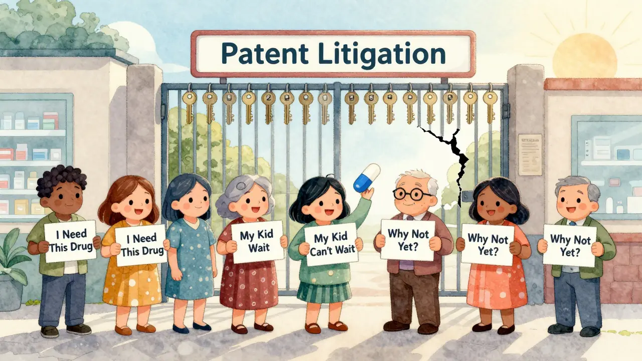 Patients wait outside a pharmacy as patent lawsuits lock their medicine behind a gate.