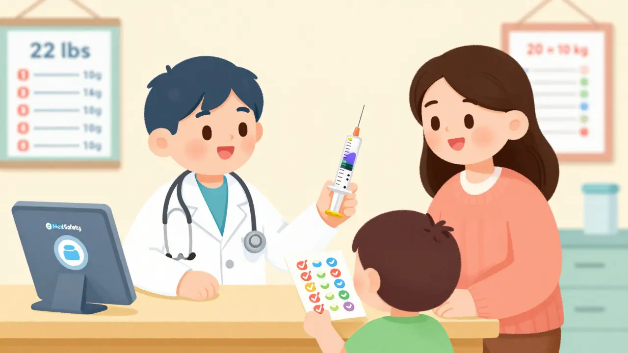 Pediatrician giving a labeled oral syringe to a parent in a clinic, with a child holding a dose tracker chart.