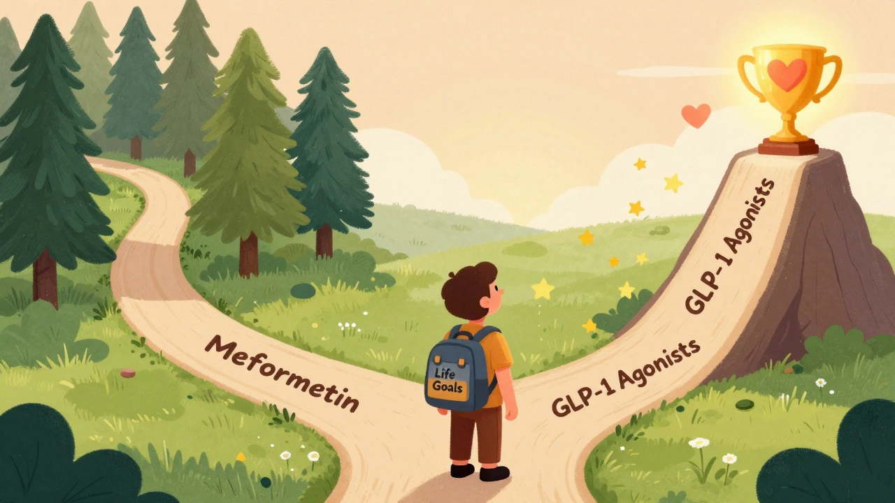Person choosing a diabetes treatment path with symbolic routes showing safety, risk, and long-term benefits