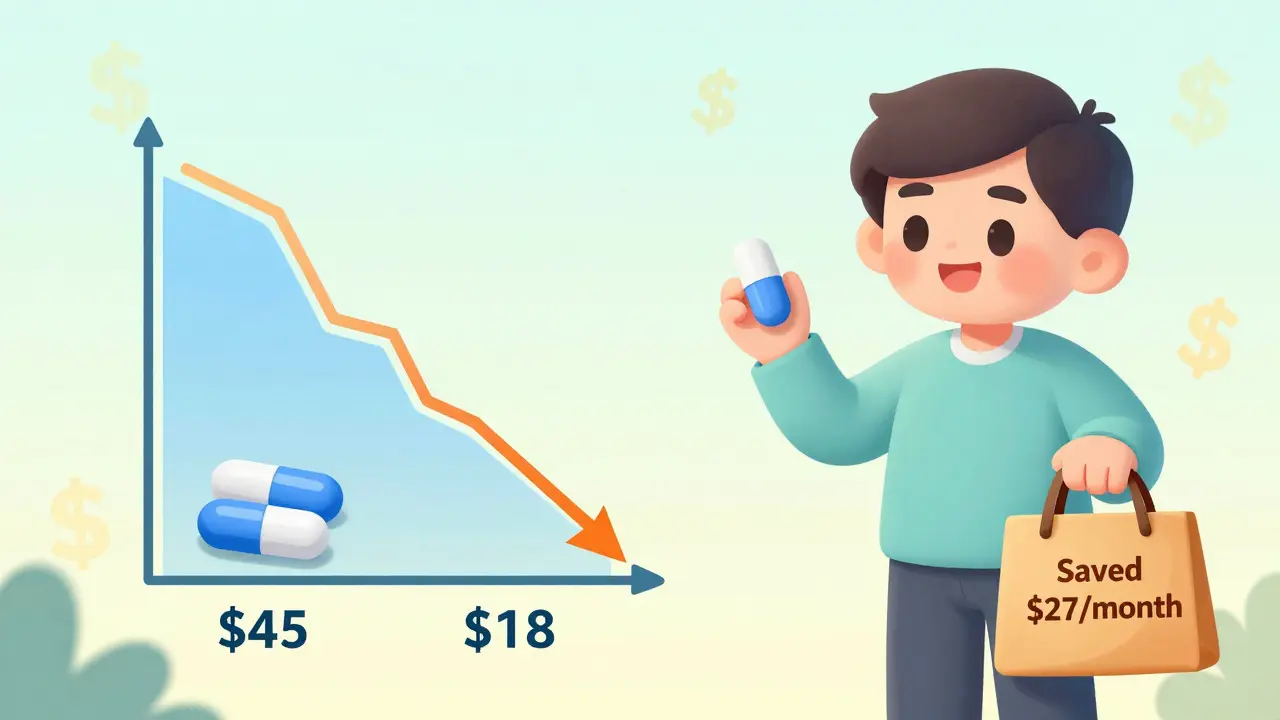 Person holding one combination pill instead of two separate pills, with a clear price savings graphic.