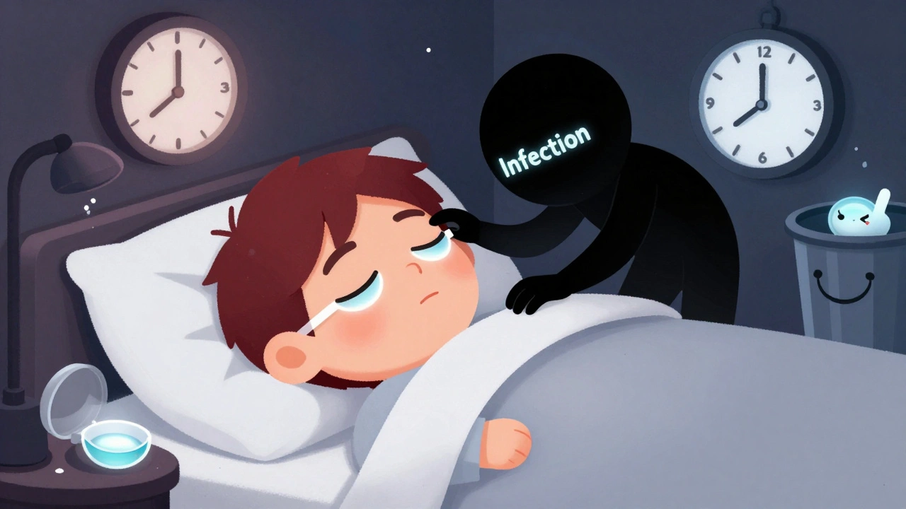 Person sleeping with contact lenses, shadowy infection creeping toward eye, daily disposables safely discarded.