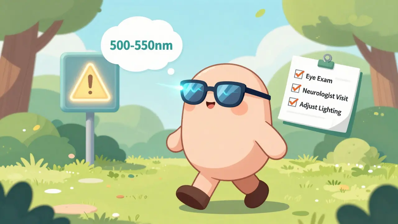 Person walking in sunlight with tinted glasses, thought bubble filtering harmful light waves, medical checklist in background.