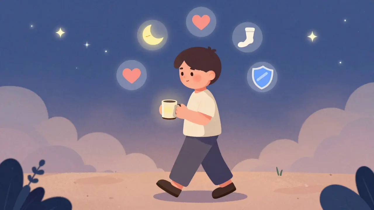 Person walking peacefully at night with symbols of sleep, calm, and mobility floating around them.