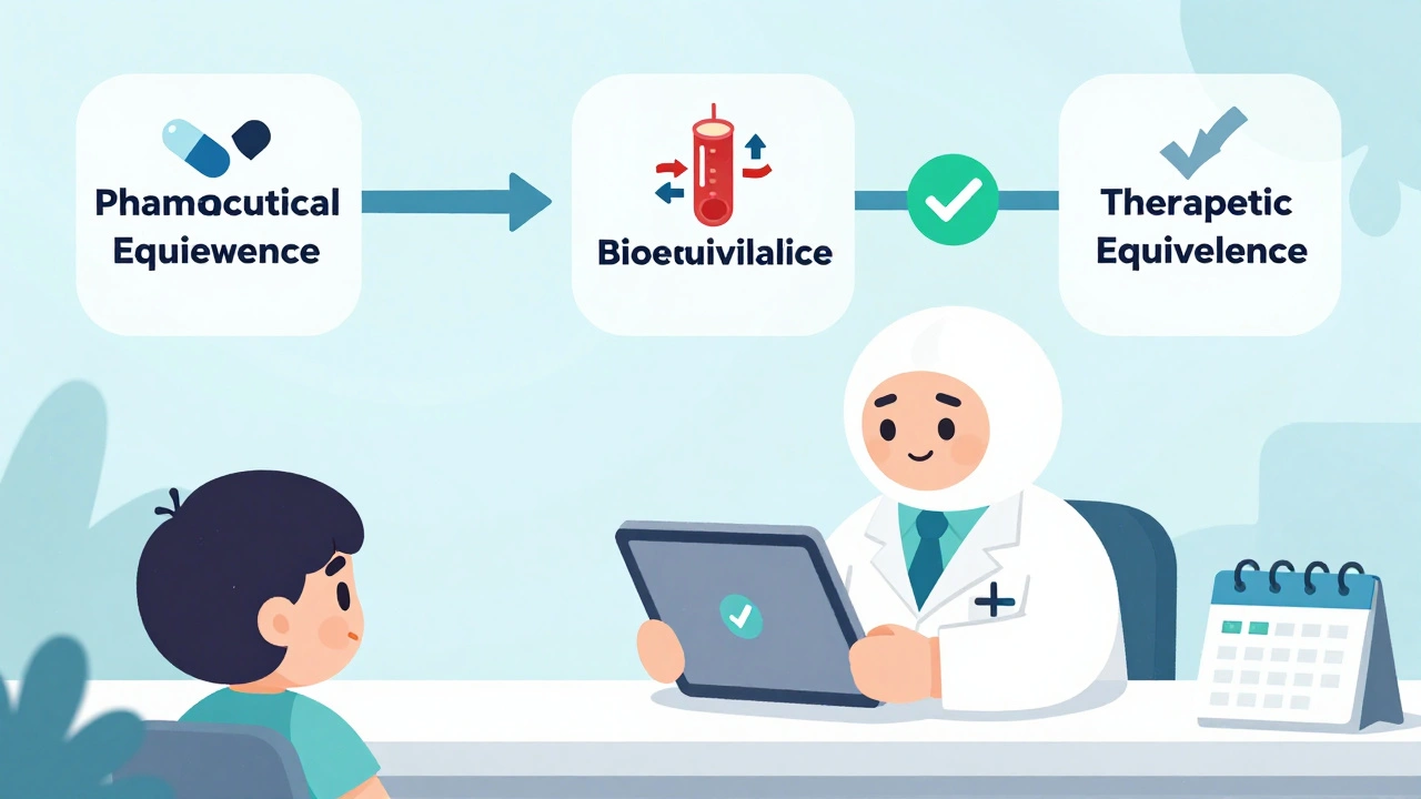 Pharmacist checking the FDA Orange Book app with a visual equivalence flowchart above.