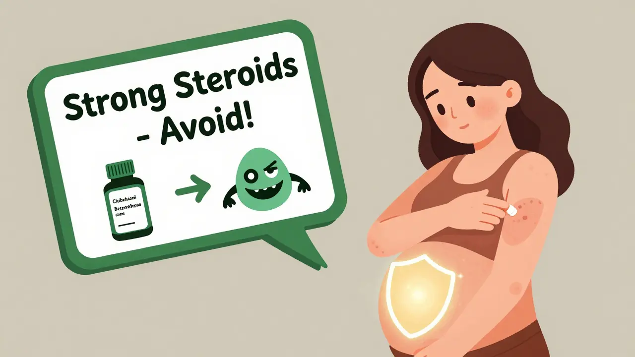 Pregnant woman using mild hydrocortisone cream on her arm, with strong steroid creams marked as unsafe.