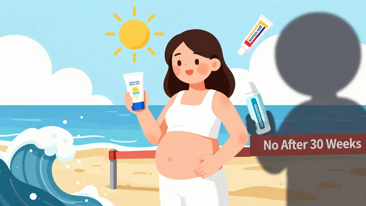 Pregnant woman wearing mineral sunscreen at the beach, melasma fading, with blocked NSAID gel nearby.