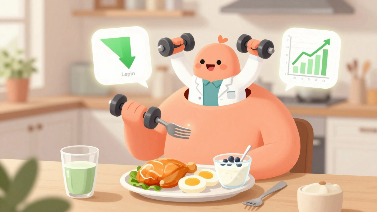 Someone eating protein-rich food while a cartoon version of their body exercises inside their head.