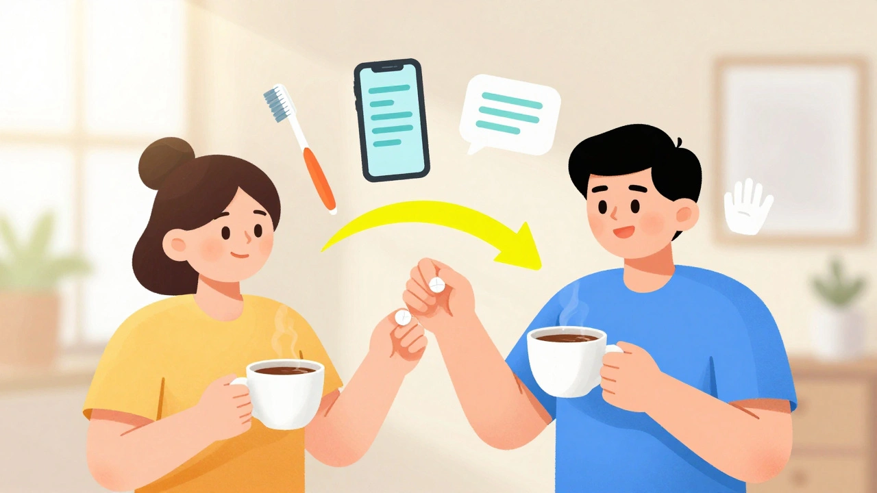 Someone taking medication with their morning coffee, using habit stacking to stay on track.