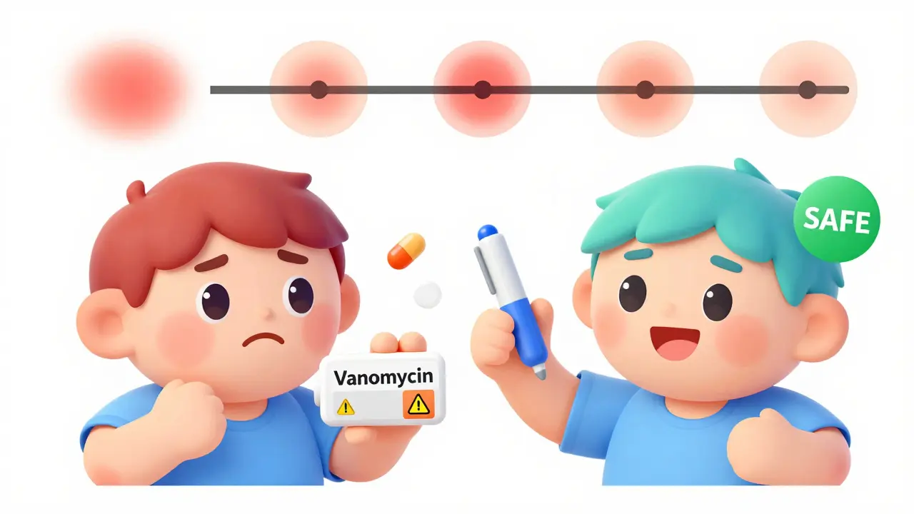 Split image: person worried with strong antibiotic vs. happy with penicillin and safe badge