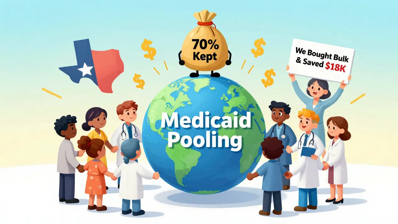 State health workers holding hands around globe labeled 'Medicaid Pooling' while PBM figure holds money bag