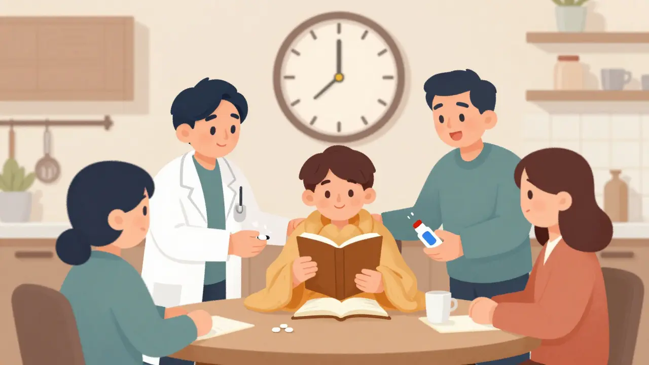 Supportive team offering tools like medication, journal, and naloxone during opioid tapering.