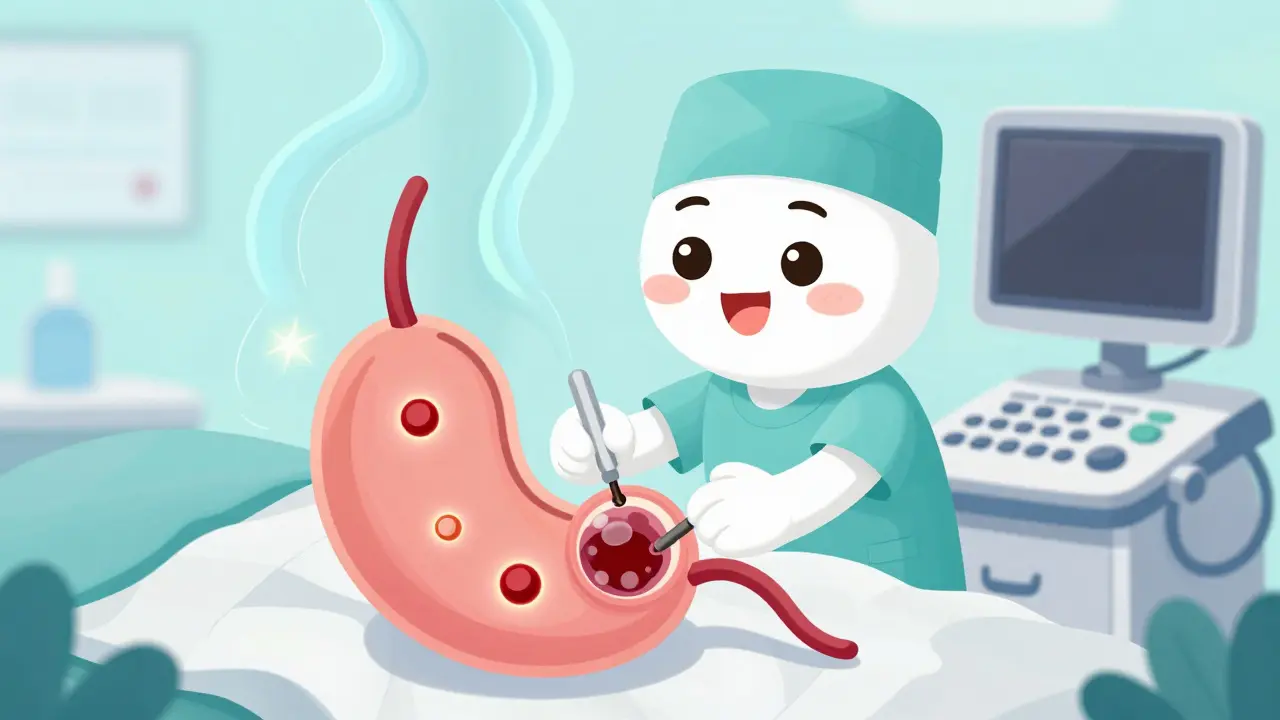 Surgeon performing minimally invasive gallbladder removal with tiny incisions and floating bile flow lines.