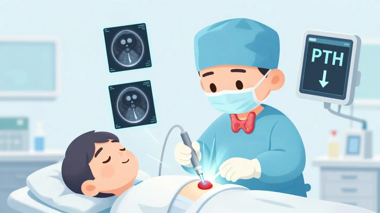 Surgeon removing a single overactive parathyroid gland using a glowing probe during minimally invasive surgery.
