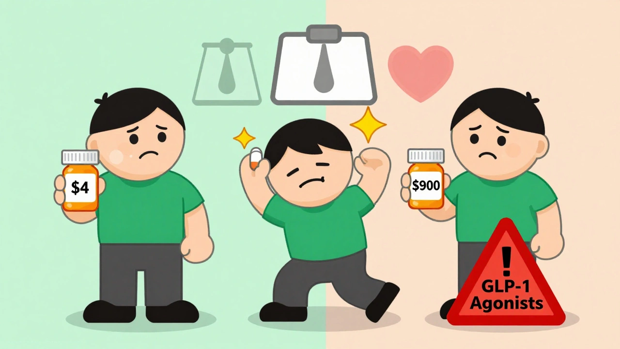 Three people representing metformin, sulfonylureas, and GLP-1 agonists with cost and side effect visuals