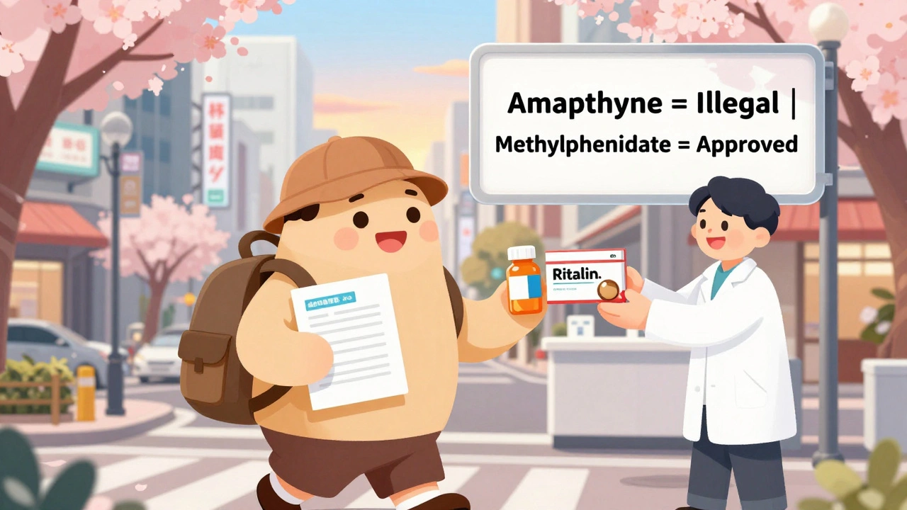 Traveler in Tokyo receiving Ritalin from pharmacist, original bottles in hand, sign shows amphetamine banned, methylphenidate allowed.