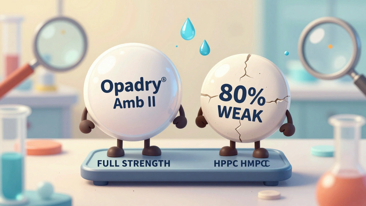 Two pills on a scale: one strong and shiny, the other cracked and weak, with moisture icons.