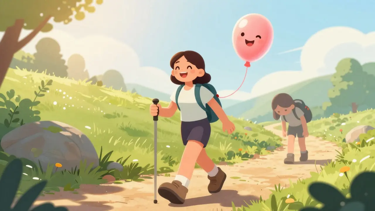 Woman hiking happily after gallbladder surgery, with an empty gallbladder drifting away behind her.