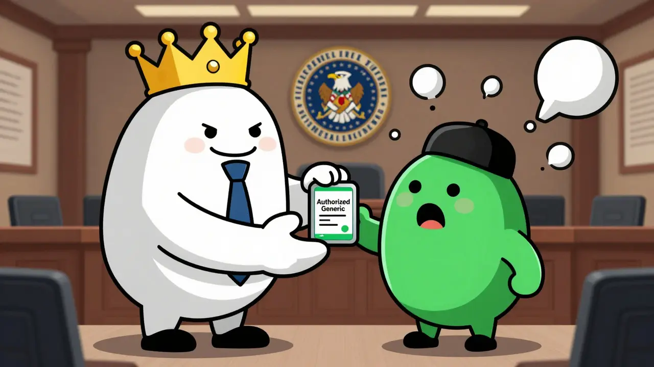 A brand-name company handing a fake generic badge to a surprised generic maker, FTC eagle watching.