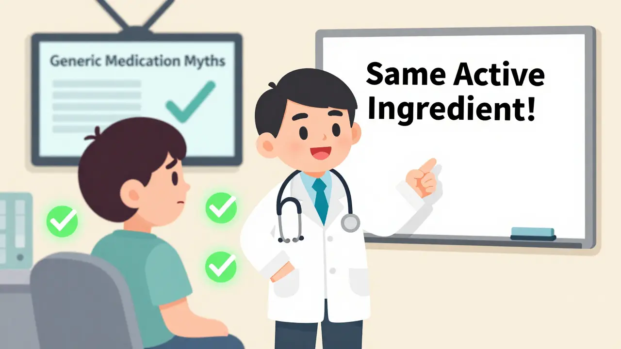 A doctor and patient in a clinic, with a whiteboard showing 'Same Active Ingredient!' and glowing checkmarks of trust.