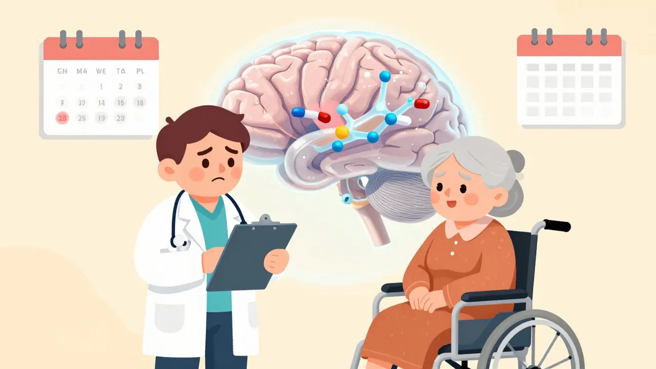 A doctor examines a transparent brain model showing antibiotic molecules blocking calming neurotransmitters.