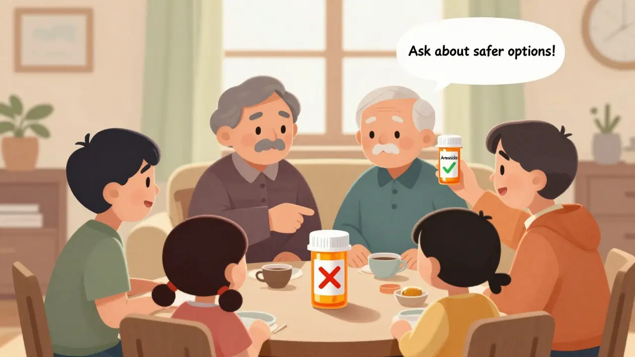 A family discusses antibiotic alternatives with an older adult, one holding a safer medication with a green checkmark.