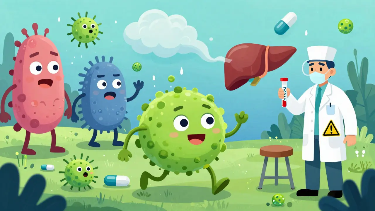 A friendly gut microbiome under attack by antibiotics, with a toxin cloud heading toward a liver.