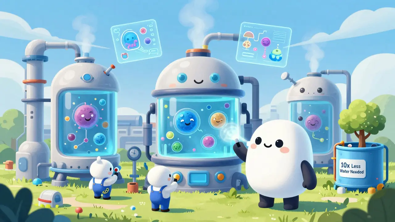 A futuristic biologics factory with robot-like bioreactors and AI holograms monitoring production.