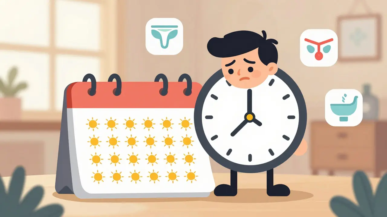 A man comparing a calendar of daily radiation visits to a single surgery day, with health symptom icons around him.