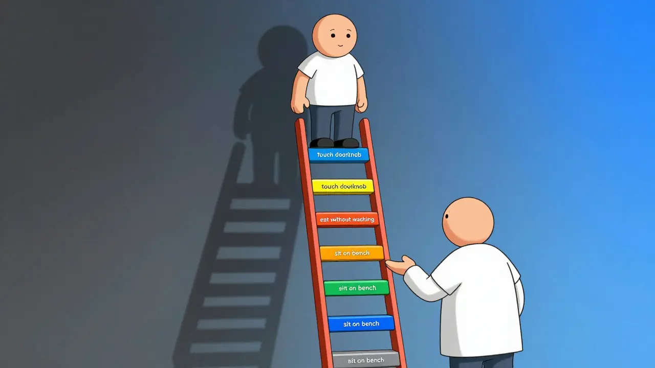 A person climbing a step-by-step fear ladder with therapist support, symbolizing ERP therapy progress.