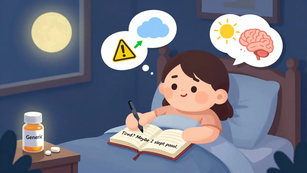 A person journaling at night, turning negative thoughts into positive ones, with a gently glowing generic pill on the nightstand.