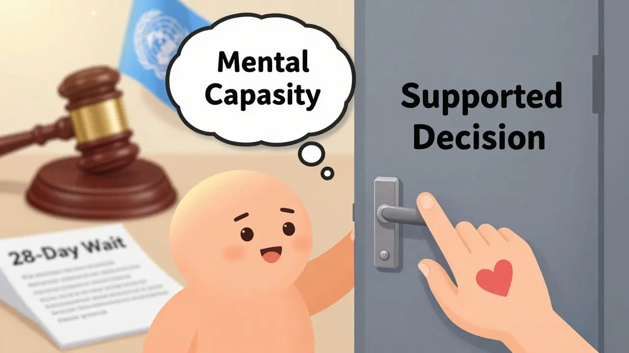 A person supported by a caring hand opening a door to decision-making, while a locked court door looms.