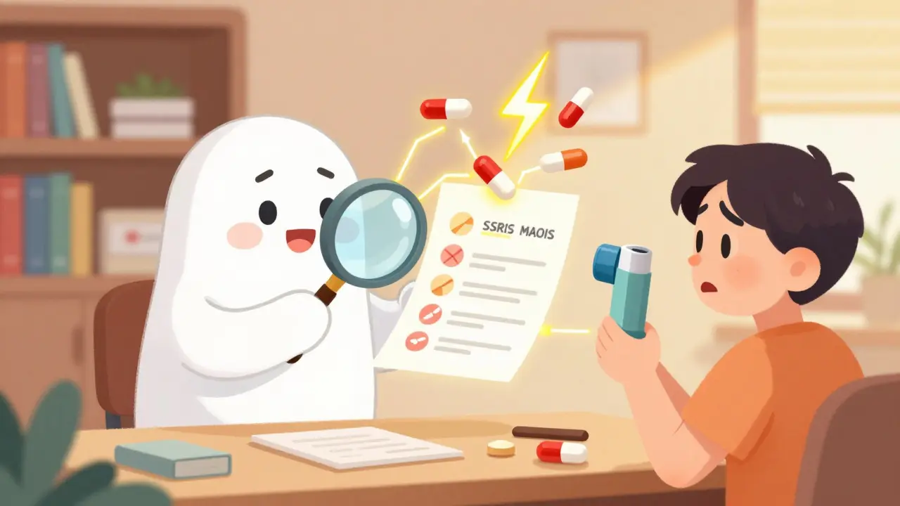 A pharmacist checking pill interactions with a magnifying glass, patient looking concerned.