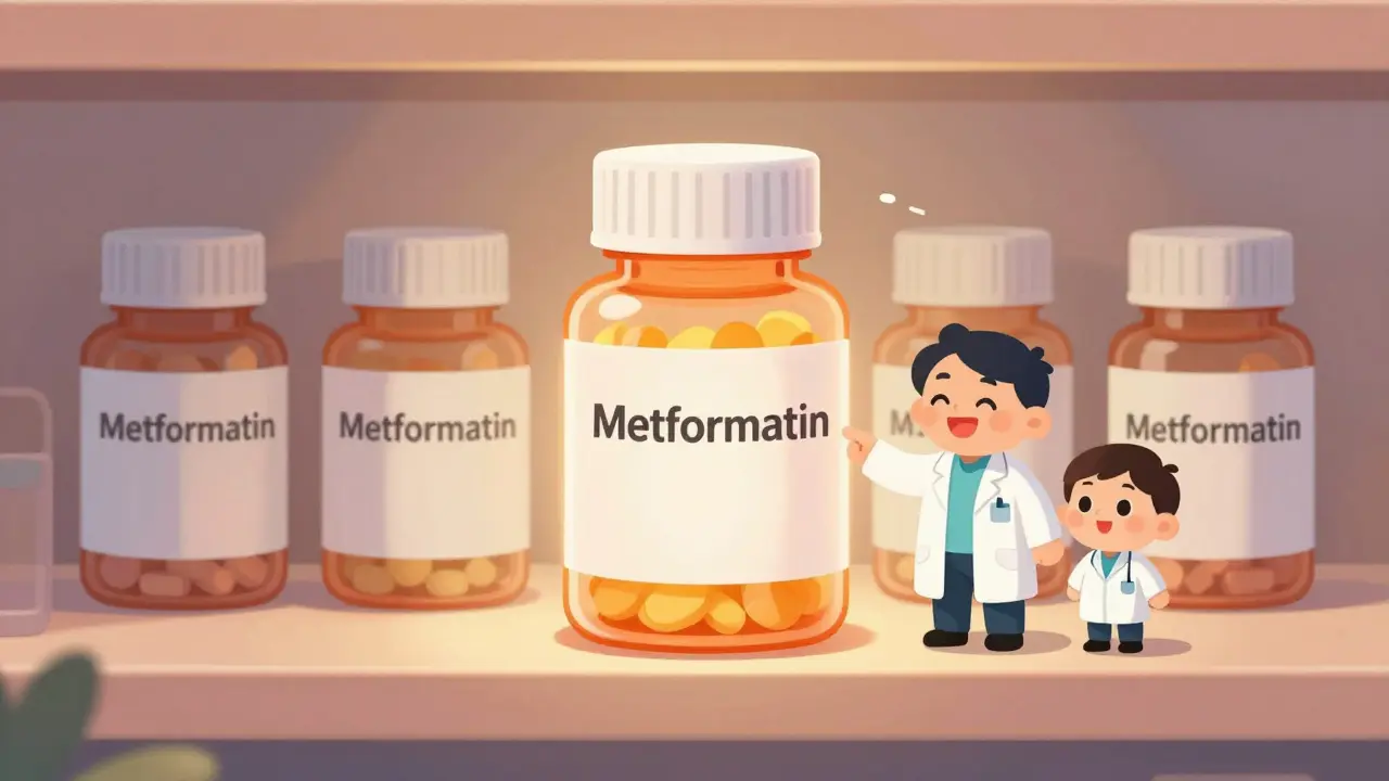 A pharmacy shelf with one glowing pill bottle dominating, others dimmer, pharmacist pointing to it.