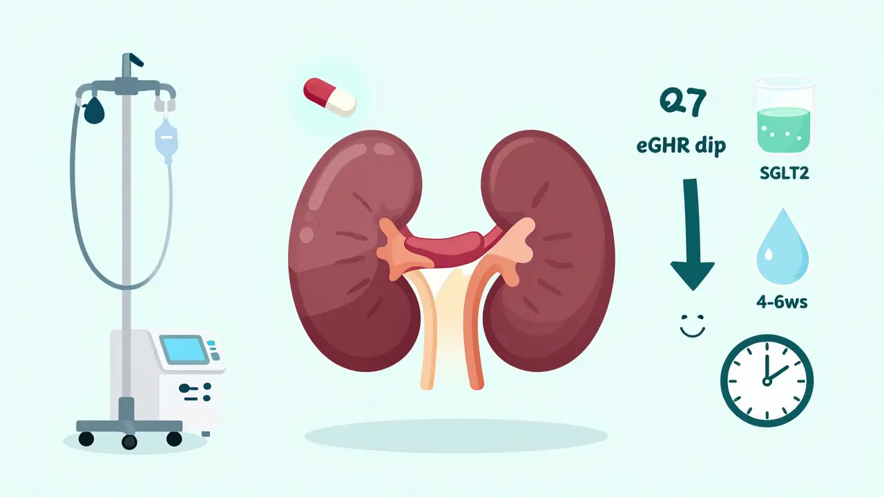 Cartoon kidney with eGFR dip that rebounds, surrounded by health icons.