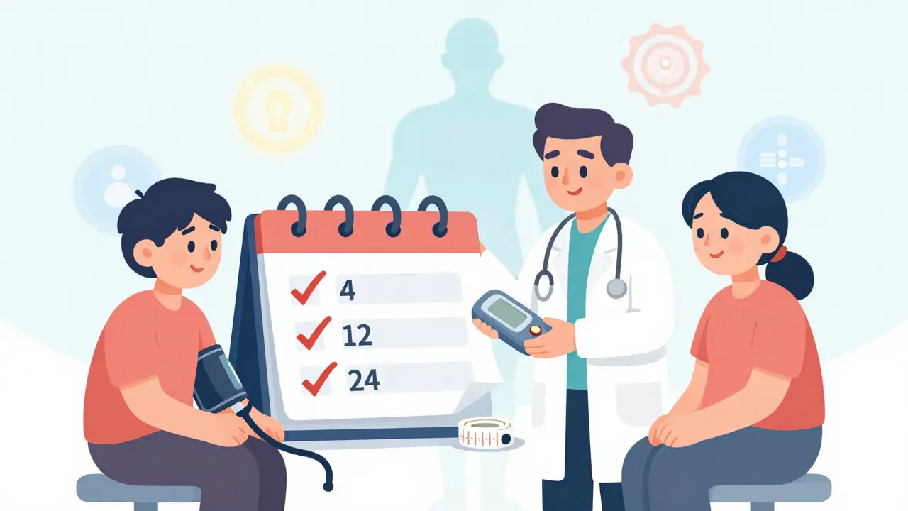 Clinician and patient checking metabolic health markers on a calendar with medical tools nearby.
