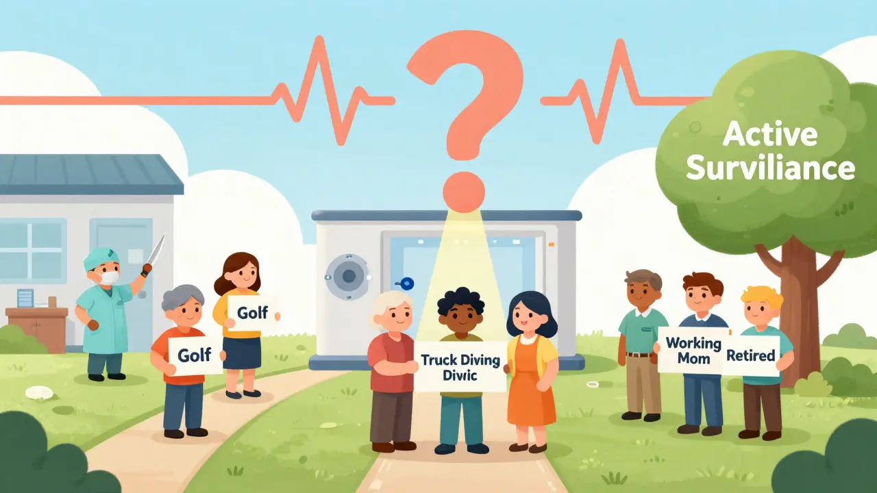 Diverse patients choosing between surgery, radiation, or surveillance, each under a path marked by their lifestyle.