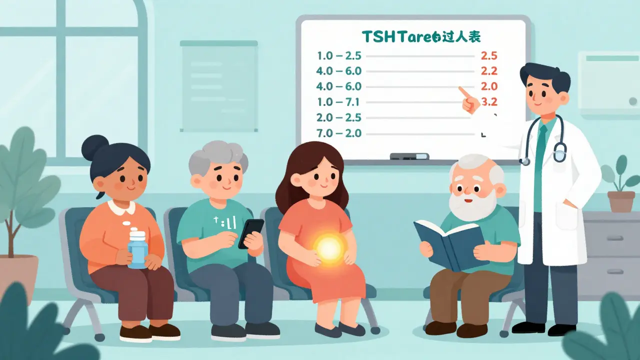 Diverse patients in clinic with doctor showing personalized TSH target ranges