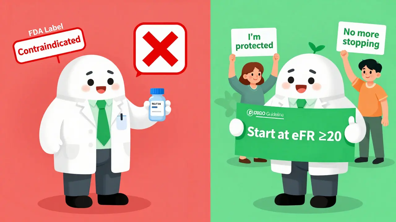 Doctor choosing evidence-based guidelines over FDA label for kidney protection.