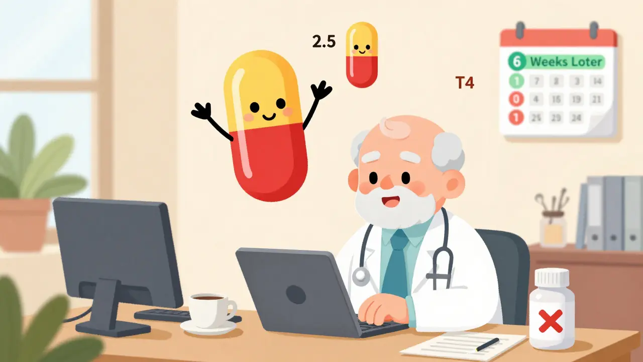 Elderly man smiling at blood test results with TSH and T4 icons changing, coffee and supplements marked with Xs.