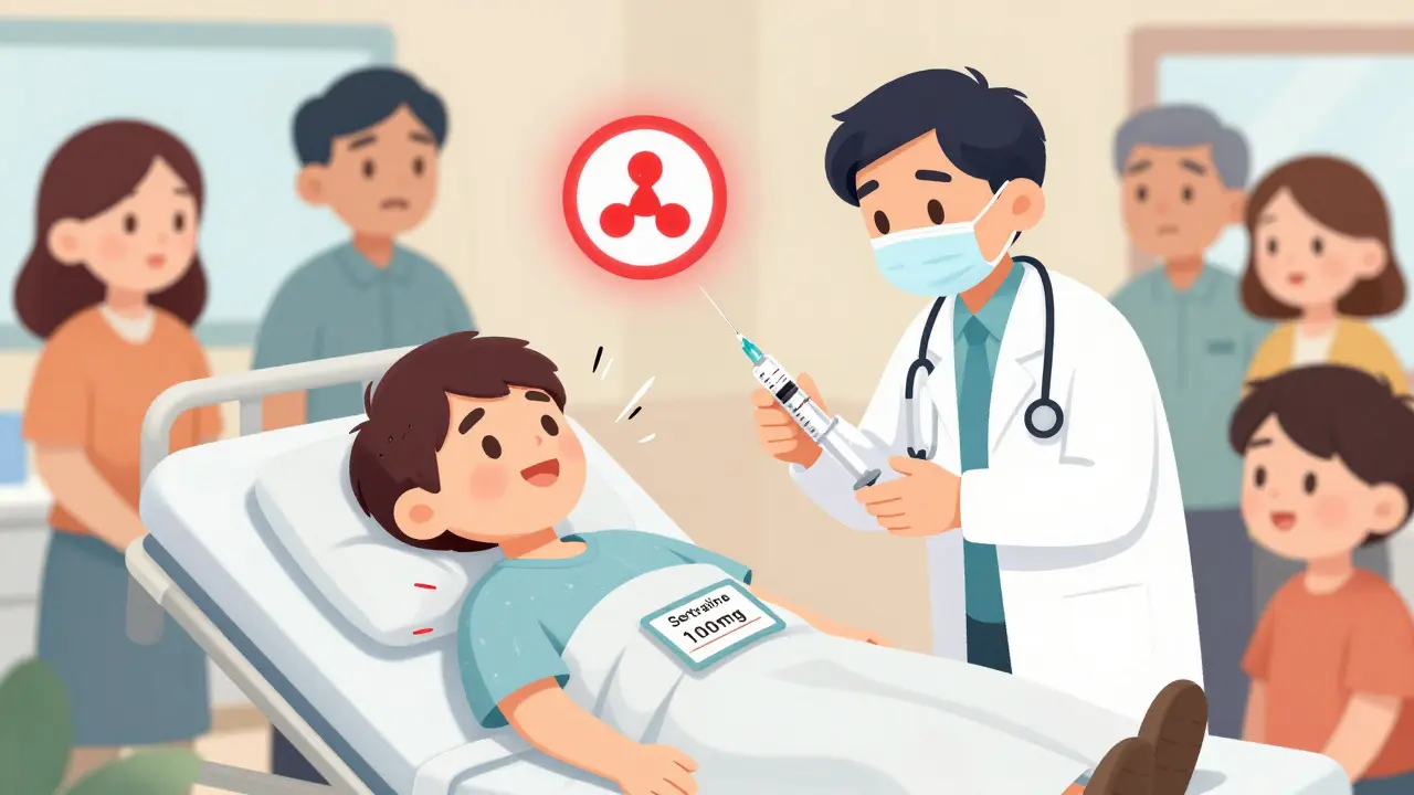 Emergency room scene with a patient experiencing serotonin syndrome, doctor administering treatment, and a medication card visible in their wallet.