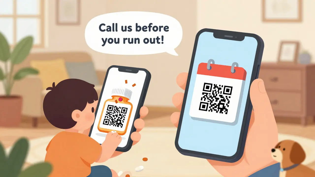 Family scanning prescription bottle with phone, watching animated video about medication dates.