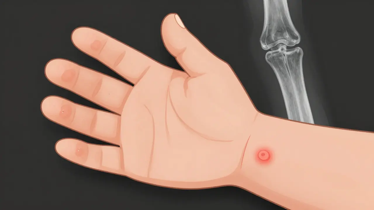 Hand showing swollen fingers and nail changes with joint erosion visible in background