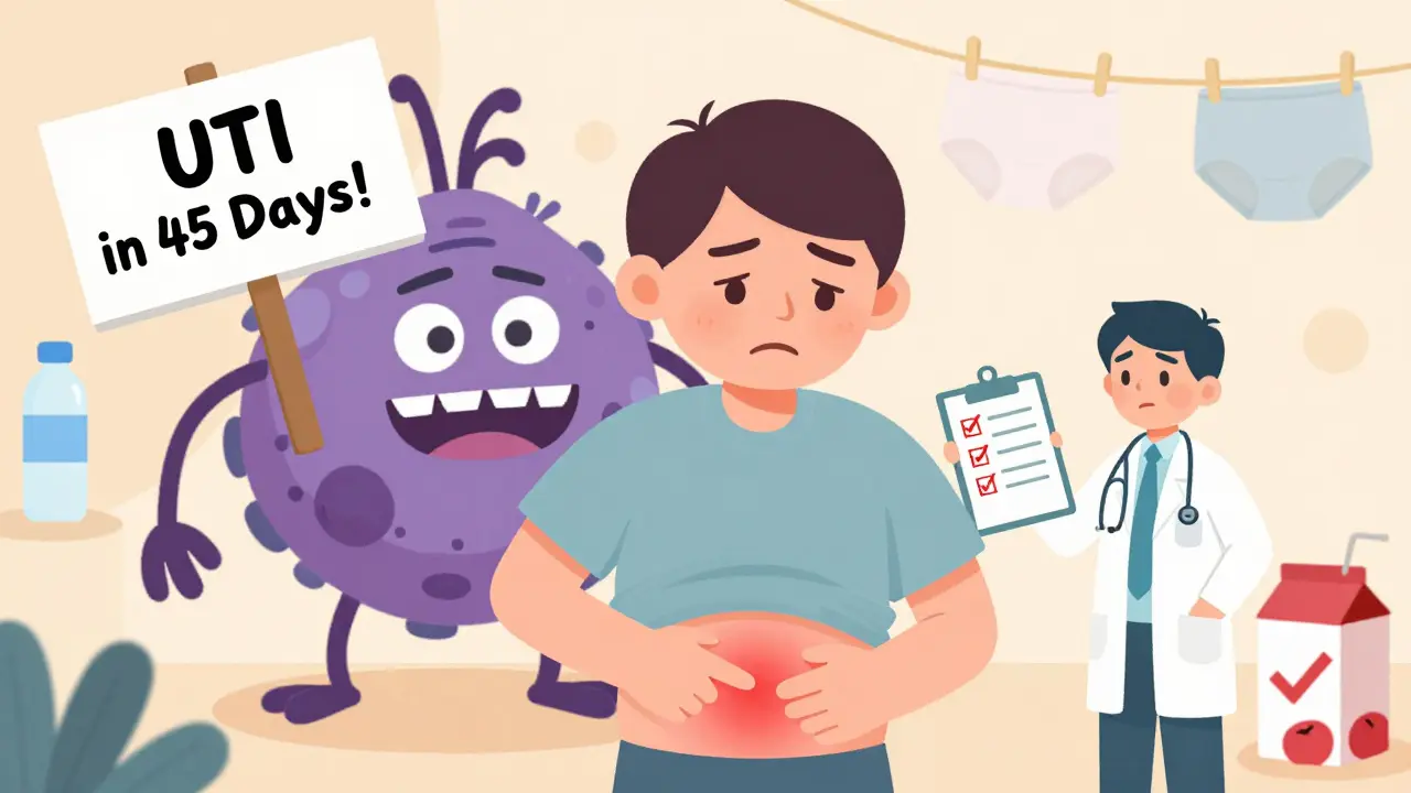 Man with groin swelling and doctor showing infection risk chart, with cranberry juice nearby