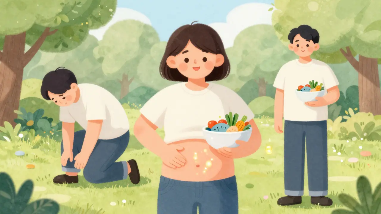 Person healthy and active with gut bacteria and nutritious food in cartoon illustration